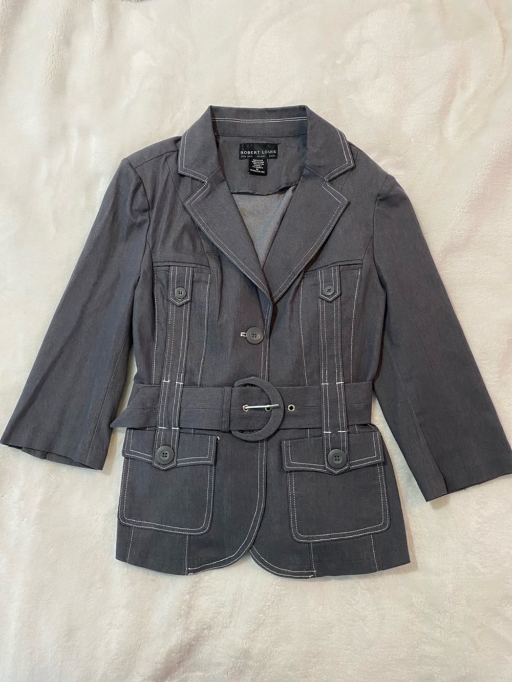 Robert Louis New York London Paris Charcoal Gray Belted Blazer Jacket Buttons ✨